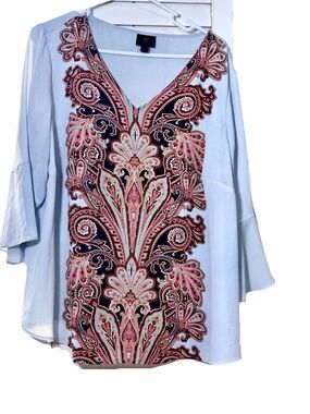 Womens Plus Size Blouse Shirt size 2X Pullover Printed Blue V Neck Bell sleeve